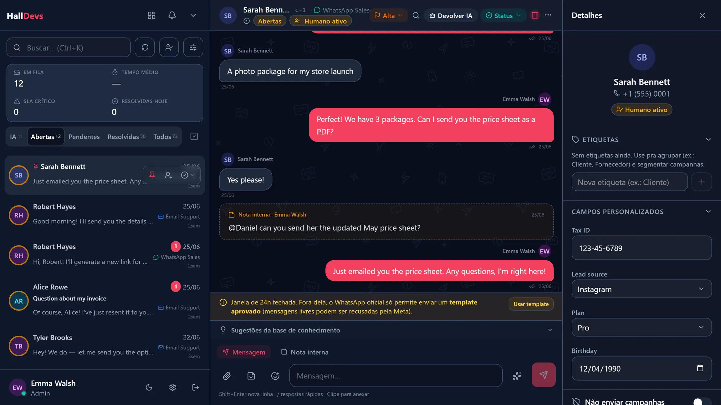 Caixa de entrada — Todas as conversas de todos os canais num painel só, com SLA, filtros e dados do cliente ao lado.